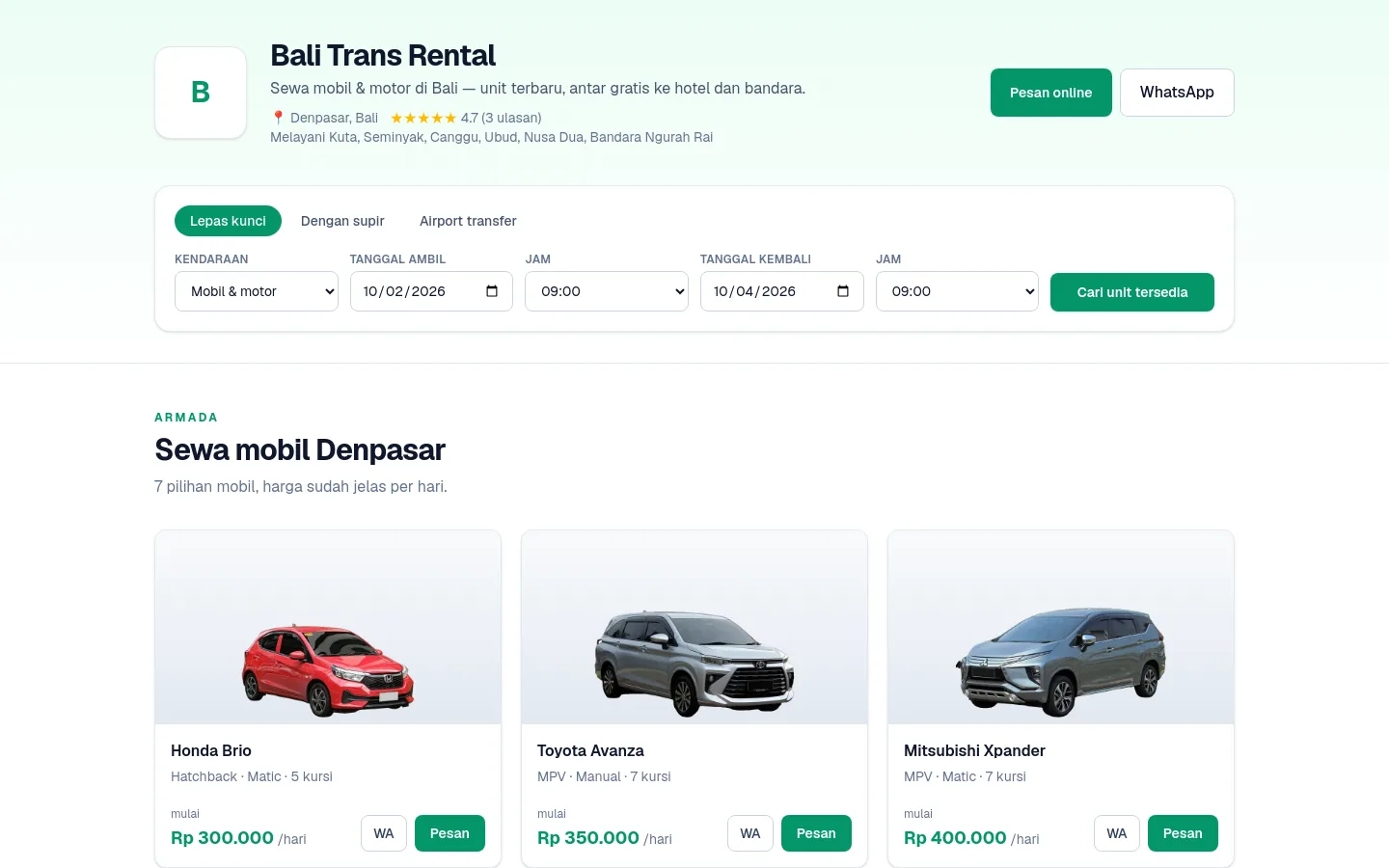Template website rental mobil tema Klasik
