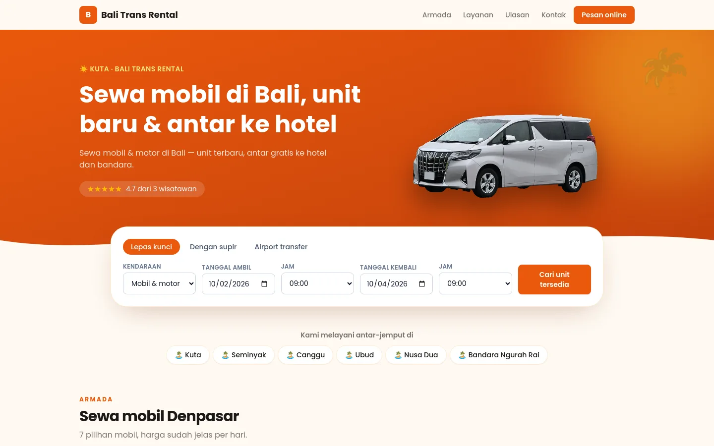 Template website rental mobil tema Tropis